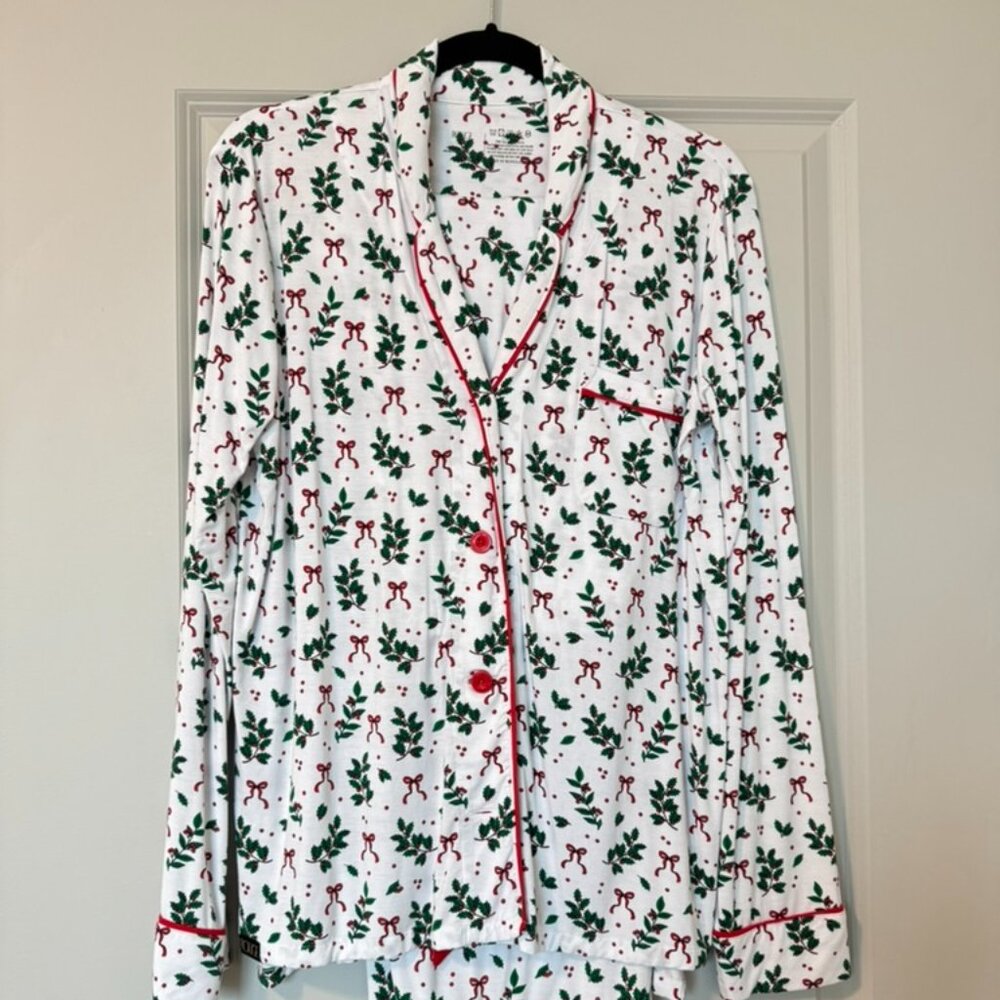 Minky Couture Rouge Label Christmas Pajama Set S Holly Bow Button Up Soft